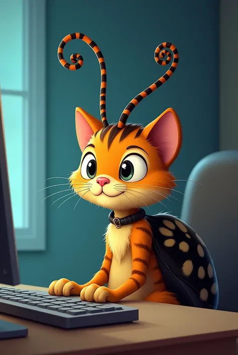 Cartoon mix of a cat and a beetle, a cats face with beetle antennae is sitting before computer