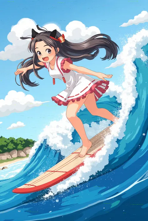 (masterpiece、 top quality、 top quality、 Official Art 、 beautiful and beautiful :1.2)、8-****-***、 cute girl、barefoot、 Anime Girl Riding a Surfboard Riding Ocean Waves, Cassiato, Cassiato kenz, by Yoshihiko Wada, surfing, Expressing joy. by krenz Cassiato, ,...