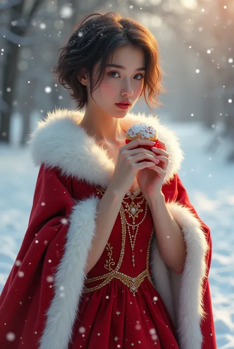 Brunette woman with short hair red and white Christmas dress with a cloak eating a snowball and snowflakes, diamonds, snow 