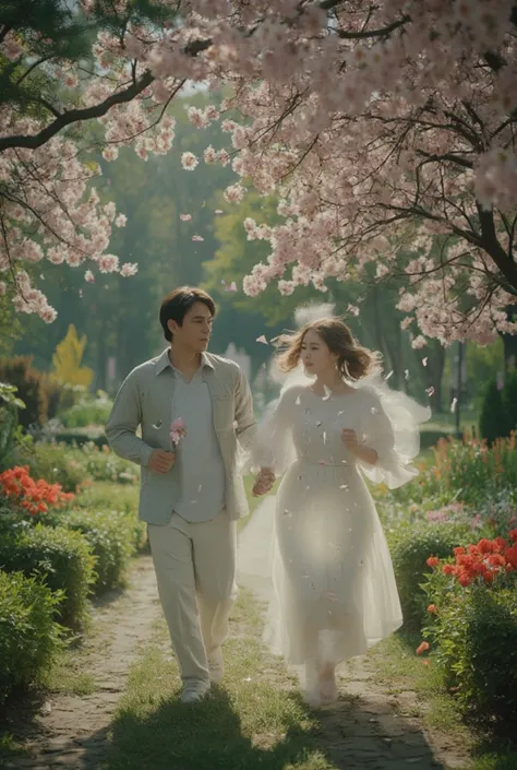 a man on a dreamy world with a white glowing aura girl, a female silhouette, hand holding , both are running , flowers on the park, romance vibe , movie cinematic look 