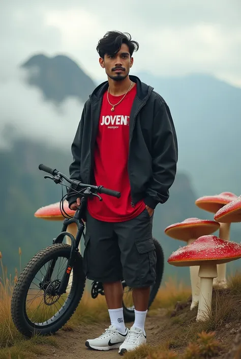 REAL CAMERA PHOTO AND REALISTIC BACKGROUND

A man filipino with brown skin and slim build 57 tall with thick black hair and bangs and a mustache and beard and wearing a red shirt with a small letter (JOVEN) written on the front of the white dress . and wea...