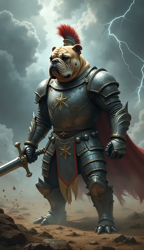 "Imagine a hybrid creature with the muscular, stocky build of a Bulldog and the armored upper body of a powerful Knight. The creature’s body is that of a Bulldog, solid and unyielding, while its upper torso is human-like, adorned in shining Knight’s armor ...