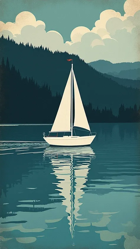 A simple illustration of a white sailboat sailing on a teal-colored sea.  The sailboat is positioned near the center of the image, and is oriented with its bow pointed towards the viewer.  The water reflects the sailboats shape, and the waves are gently de...