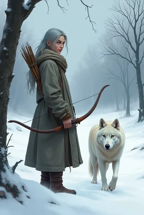  digital illustration of a young woman wearing a robe  +  thick winter coat and stands posing . Her hair is grey ,  styled mullet backwards and in the middle half like a man .  The woman stares at a white wolf beside her walking on the snow while carrying ...