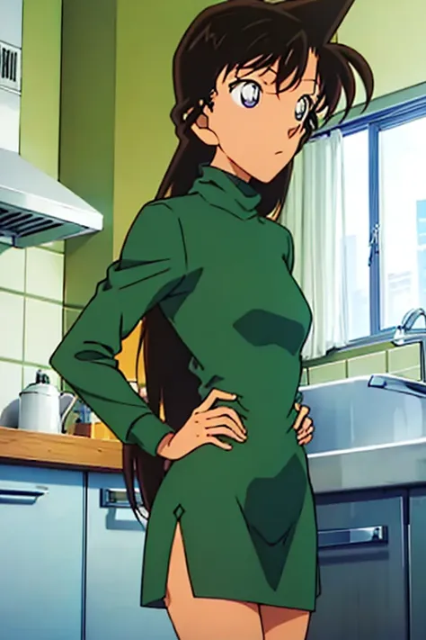 {{{mouri ran}}},{{{Detective Conan}}},{{{long hair}}},{{{official style}}},{{{adult}}},green dress,one-piece dress,turtleneck,green miniskirt, {light green cropped mini jacket},{light green cropped mini jacket},green socks,,sink,laundry,kitchen,bringing up...