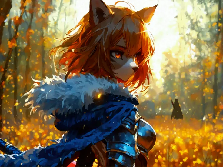 masterpiece,  best quality,  good quality , Fantasy, Outdoor, afternoon, Shining Greatsword, girl,  back view , furry monster, wide field of view, Background illustration, cloak, Ready to attack
