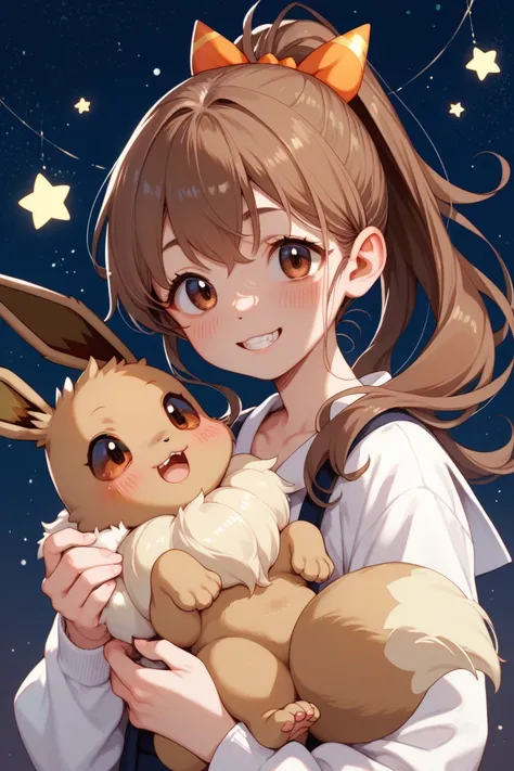  1 girl,  long hair, chest, Brown Hair,  ponytail,  holding a star , teeth,  blush, teethを見せて笑う, Droopy eyes, Eevees ears,anime, 