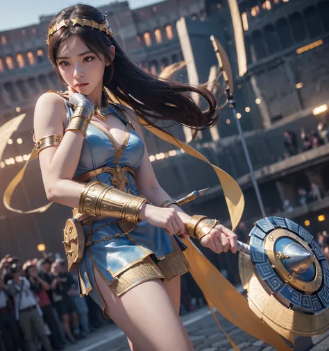 (((Athena)))、(((Goddess of War )))、 dynamic pose 、((Battle Style ))、god Shining light、(( Background Colosseum))、 majestic view 、Beauty、 cute、20 years old、Beauty、 best quality,4K,8k, high definition ,masterpiece:1.2), super detailed,((( realistic ,photo rea...