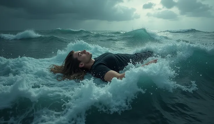 Realistic picture ,young man with long hair length shoulder supine float show up on water in the sea , wearing black T-shirt ,wide camera point of view from above ,cloudy dark clouds,waves, storm,wide camera point of view from above ,realistic style,realis...