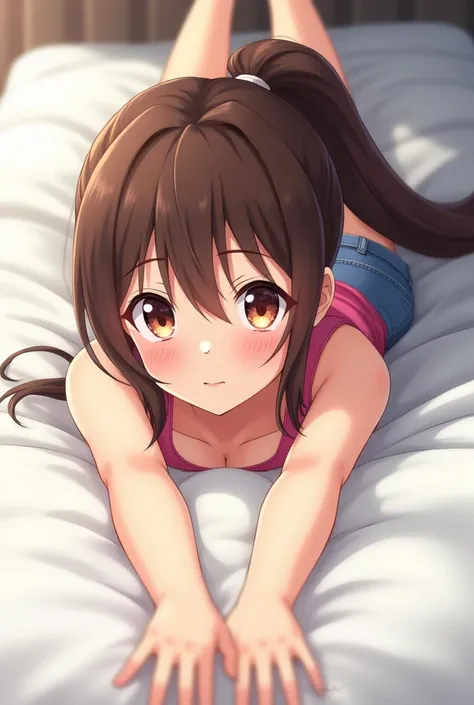 An anime girl with brown hair in a long ponytail and brown eyes, a pink tank top with blue denim shorts, with prominent breasts on a white bed with nothing but the girl herself on the bed, with white skin, with both hands and arms outstretched.  She is lyi...