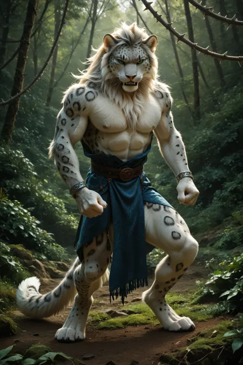 score_9, score_8_up, score_7_up, score_6_up, detailed background, full body, anthro snow leopard, stands upright and straight, shoulders back, front view, angry look and baring teeth, detailed fur, solo, high quality, furred body, fluffy, green eyes, looks...