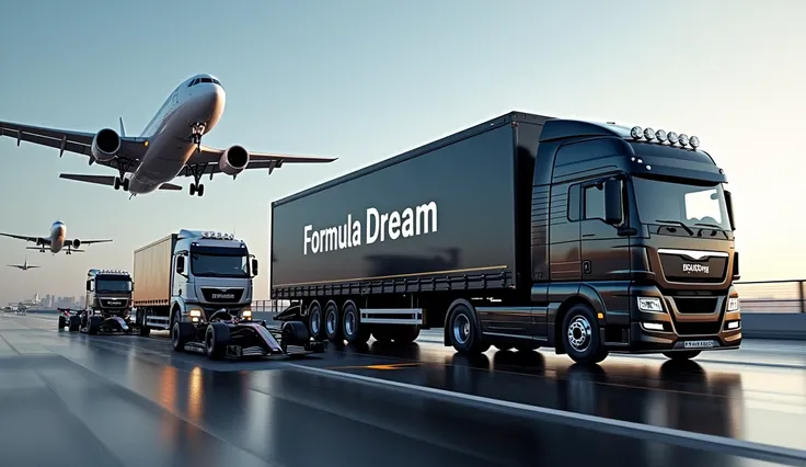 The logistics of Formula 1, truck, ship, plane, "Formula dream should be written on the side of the truck and the bottom of the plane black and gold livery for vehicles YouTube thumbnail