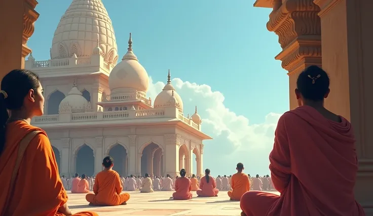 The serene surroundings of Dwarkadhish Temple with devotees meditating and praying under clear skies, capturing a tranquil spiritual vibe.
