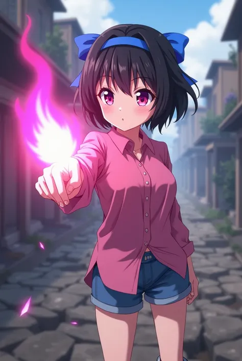  Young anime girl of medium height and build ,  with short black hair to the shoulders with bangs covering her forehead and pink eyes..  She is always seen with a blue ribbon in her hair running down her head .  She wore a pink blouse ;  wearing blue denim...