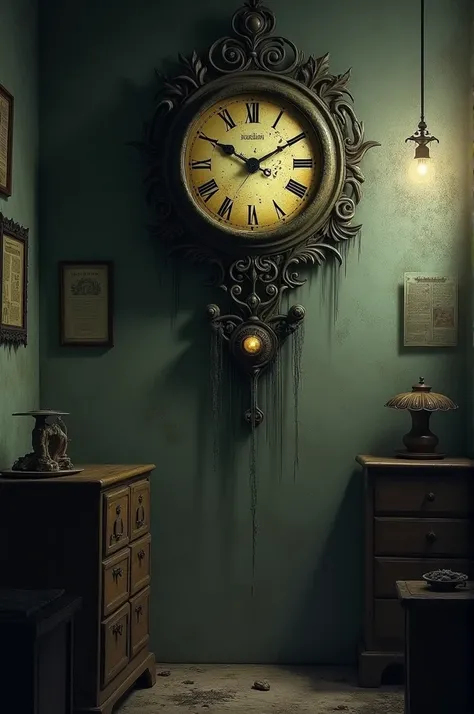 A old clock on the wall and make room atmosphere scary and creepy