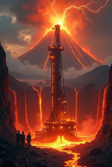 Create a vivid and dynamic scene showing a high-tech drilling station burrowing into the Earths core. The station is surrounded by molten rock and lava tubes, with its mechanical arms and heavy machinery illuminated by the intense orange and red glow. Outs...