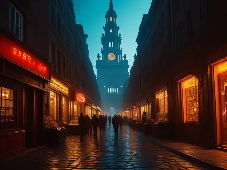 (masterpiece:1.3, highest quality), (realistic, photorealistic:1.4), daylight, retrofuture, low buildings, mediterranean architecture, old city street, old port, merchant street, crowded street, light stone walls, cobblestone street, colorful neon lights, ...