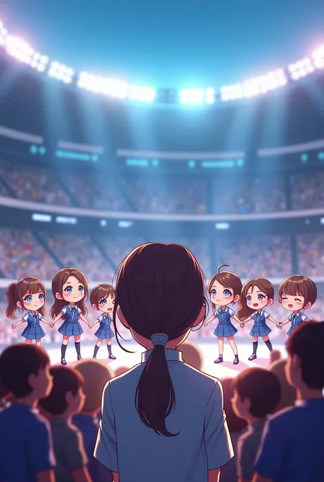 Groupe de 8 garçons kpop dont une jeune fille de 12 ans,  blue eyes brown hair in the audience ,  at the Stade de France , Chibi version  