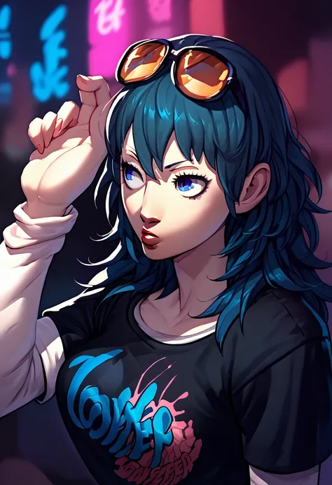 1girl, sunglasses on head, lipstick, black t-shirt, clothes writing, layered sleeves, large breasts, jeans, Byleth, blue hair, blue eyes,