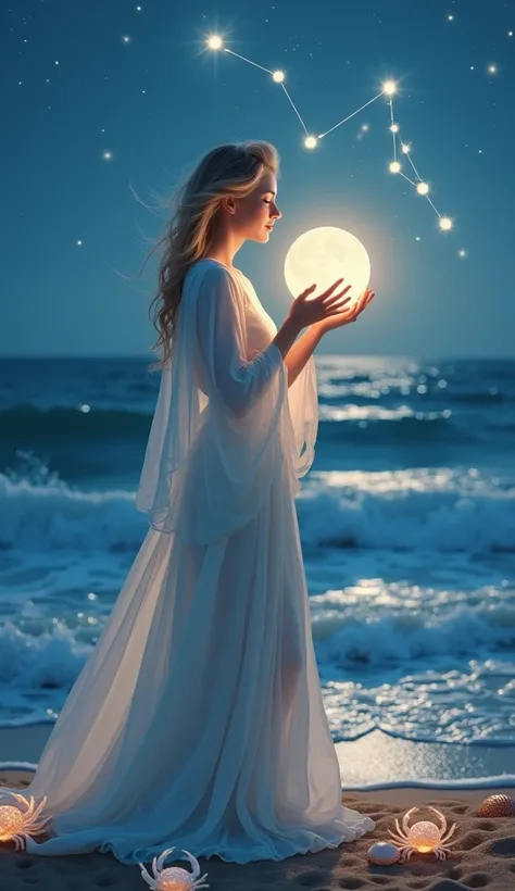 art photo, a serene and heartwarming depiction of Cancer (かに座), highlighting their deep devotion to family and friendships. A celestial figure stands in a glowing seaside landscape, their arms extended as they gently embrace a radiant orb symbolizing love ...