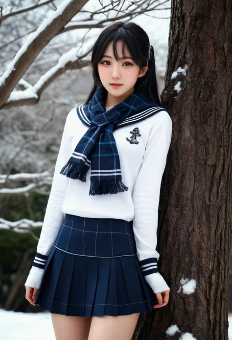 photo realistic , cinematic , close-up, lower half of body , the beautiful , dark Winter, 2 girls, Genius slender female idol Yuki high school girl, cute sailor suit, checkered scarf, checkered miniskirt, sprinkling snow, ordinary Japanese scenery in the b...