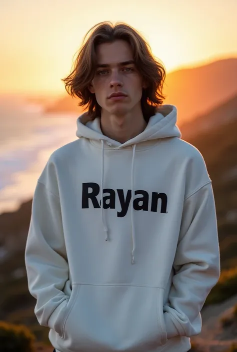 18 years boy,white hoodie,rayan is written on hoodie in black text,standing in the costal,sunset time,whit shoes,black long hair,green medium size eyes,standing in the front of camera,