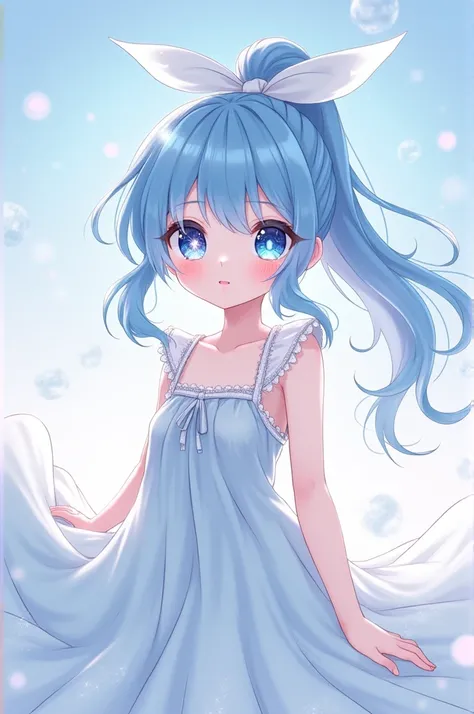 Oshinoko, 
a anime girl female
long blue hair with ponytail
pastel blue and white with a star eyes
She wear a dress like Oshinoko