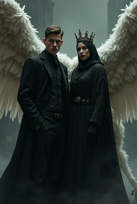 a short-haired man wearing a black coat with a Muslim woman wearing a black dress and wearing a crown and accompanied by a   with wings