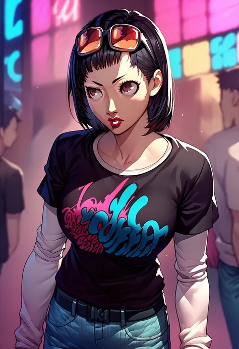 1girl, Ichiko Ohya, sunglasses on head, lipstick, black t-shirt, clothes writing, layered sleeves, large breasts, jeans, 