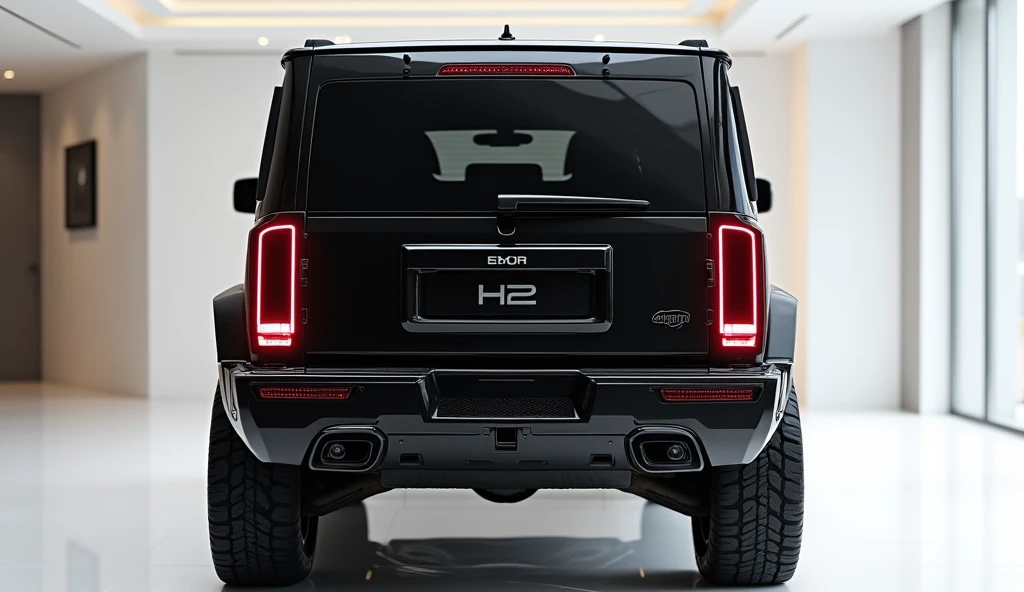 Straight  back view of painted black with shiny clour 2025 (  hummer h2)   H2) logo on its large detailed grille in shiny black clour with angular sporty design captured from straight  back  view with modified sleek backlights & with a( “  hummer  H2)logo ...