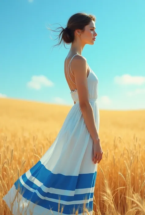 girl in a long dress, the colors of the dress are horizontal 3 stripes : white ,  in the middle, the blue ,  below is white against the background of a wheat field and a bright blue sky. 