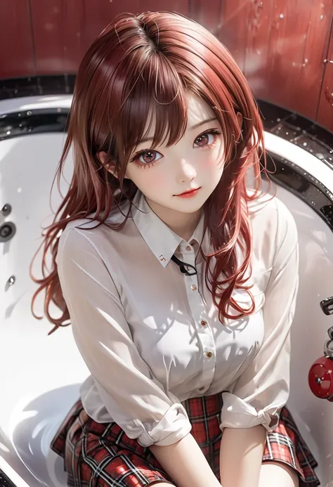  top quality, figure,  very detailed with crimson hair,  in fine detail,  high definition , 8K wallpaper,  perfect dynamic configuration、 Japanese、whole body、Cute teenage girl、 beautiful face down to the smallest detail、round face、( cute brown big eyes dra...