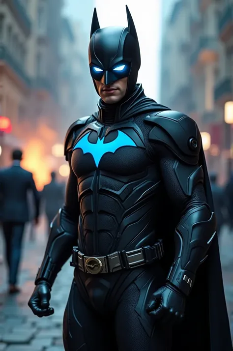  Make a superhero with a black outfit and blue details  .  The mask only reveals his mouth in the same way as the Batman mask .  He has special futuristic-style lenses in his eyes to see in the dark,  and on the chest a logo of a sky ray  .  In the backgro...