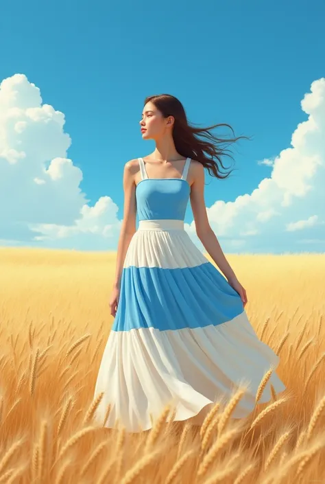 girl in a long dress,  horizontal dress colors 3 stripes : white ,  in the middle, the blue , below, white .  Against the background of a wheat field and a bright blue sky. 