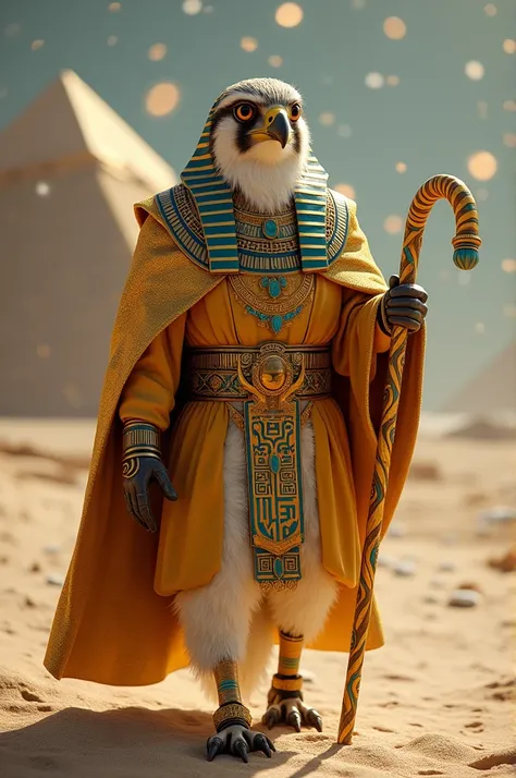 A proud anthropomorphic falcon representing Egypt, dressed in a golden Santa Claus robe inspired by ancient Egyptian designs, featuring turquoise accents and hieroglyphic patterns. The falcon holds an ornate staff resembling a candy cane. It strides confid...