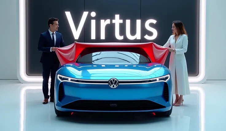 A captivating image of a ( 2025 Volkswagen Virtus)center stage in a luxurious white showroom. The futuristic, vibrant (blue color) exterior gleams, showcasing its sleek, aerodynamic design and bold accents. The words (virtus) are prominently displayed in l...