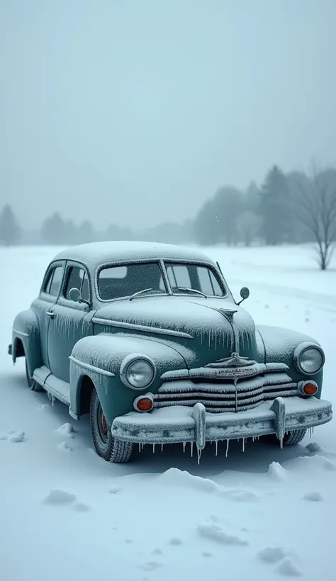 A car that is frozen and the hood of the car is raised