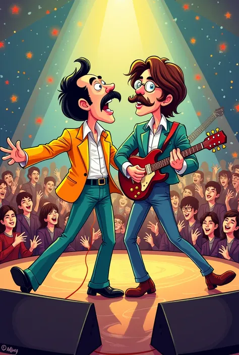 Freddy Mercury singing with John Lennon,  cartoon  