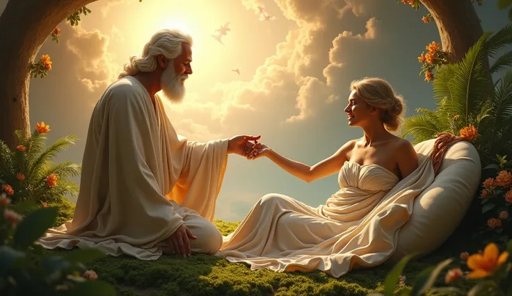 A photorealistic depiction of the creation of the first man and woman, inspired by Michelangelos "The Creation of Adam" and the essence of divine connection. God, a majestic and powerful figure with flowing white hair and beard, surrounded by a swirling vo...