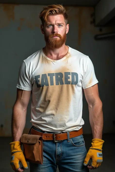 Man in his thirties with copper brown hair and blue hooded eyes and short beard, blue collar worker, wearing stained tshirt and jeans and construction belt and construction gloves. He resembles actors like Joel Edgerton or Sam Worthington.