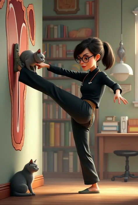 Disney pixar themed white, short woman who kicks the big number "40"  with dark hair to shoulders tided to a ponytail. Hair without bangs. She have cat styled amber glasses, black longsleeve, medical pants. She is very smart. There is a wall in the shape o...