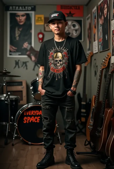  A 23-year-old Indonesian man with a tattoo on his arm stands in a small room decorated rock band poster,  featuring artists like Metallica , queen, and Nirvana .  His room is dark grunge .  Behind him are several guitars and a drum set ,  adding to the ro...