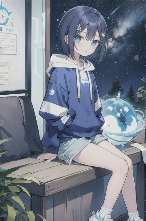 Dark blue bob hair、blue knee-length shorts with side tail on left side 、Light blue eyes、Round eyes、Baby Face、rhombus hairpin、 light blue hoodie looking out at the starry sky、The hoodie string is a bow 、 blue knee-length shorts、Light blue sneakers、Short soc...