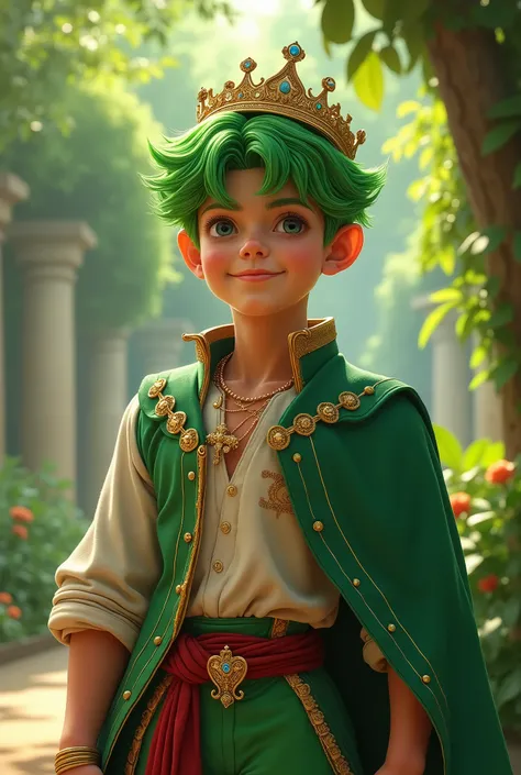  a prince with green hair. A smiling boy with a strong figure 