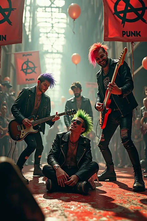  The central image is a group of musicians ,  dressed in characteristic punk clothes  ( leather jackets , piercing,  bright hairstyles ),  performing on the floor and surrounded by chaos .  Some musicians may be on the move ,  that creates the dynamics of ...