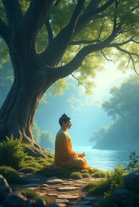 Buddha sitting in meditation  under banyan tree near river and sunlight on buddha and  blue light shining, bush and trees