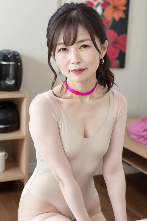  beautiful mature 55 year old Japanese woman, Married women,  attractive woman, Fine wrinkles,  has long eyelashes, 輝く瞳,  low ponytail during maid work, ( choker ), (bright red lipstick ),  elegant ,  slim figure,  pink cheeks,  Pearl Necklace ,  earrings,...