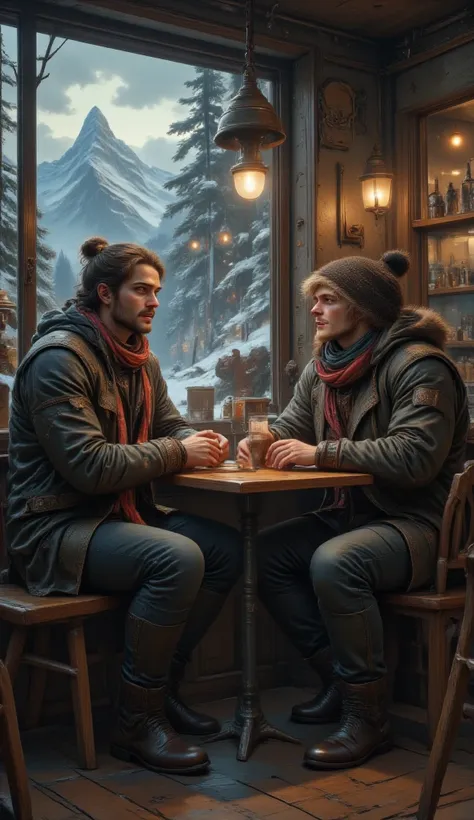 masterpiece, 8k, HDR, 3D, best quality, photograph, analog style, real life, extremely beautiful, (highly detailed, intricately detailed), (highly detailed skin), (alluring eyes), In a cozy café with a warm and modern atmosphere, two men sit at a table by ...