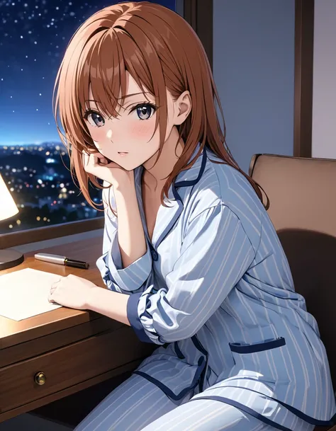 night, bedroom, At the desk, 椅子に座る, See photos,  dye your cheeks, , pajamas, (Misaka Mikoto), masterpiece:1.5, masterpiece, highest quality, UHD, retina, masterpiece, accurate anatomy, super detailed, high quality, best quality, 8k