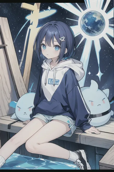 Dark blue bob hair、blue knee-length shorts with side tail on left side 、Light blue eyes、Round eyes、Baby Face、rhombus hairpin、 light blue hoodie looking out at the starry sky、The hoodie string is a bow 、 blue knee-length shorts、Light blue sneakers、Short soc...